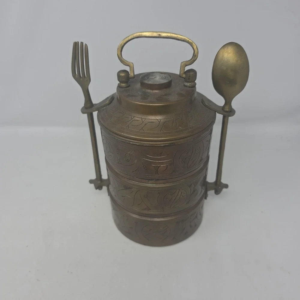 Vintage Brass Tiffin Stacking Food Boxes With Fork And Spoon Screw in Handle
